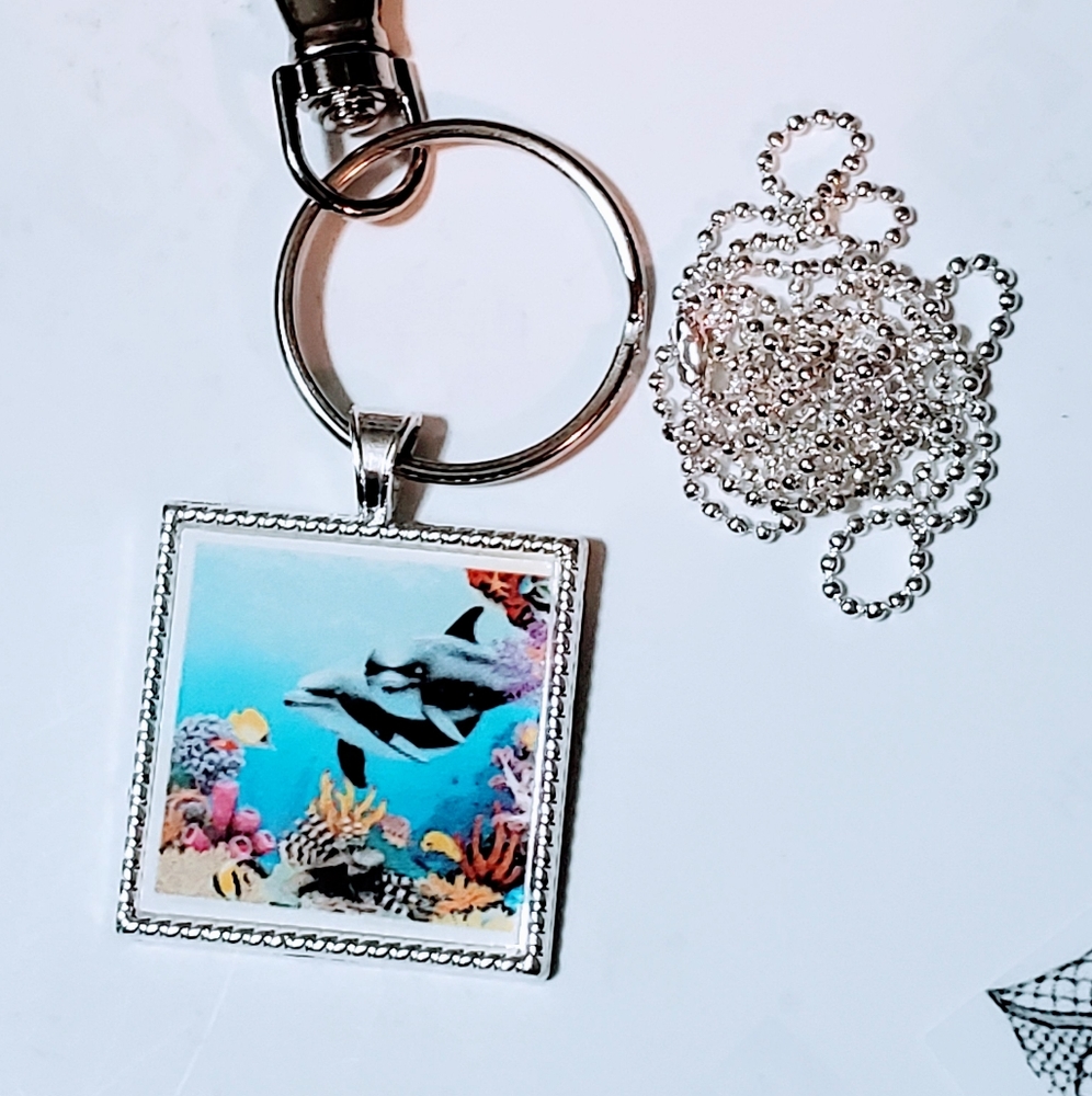 Beach life dolphin Keyring clip or necklace glass face